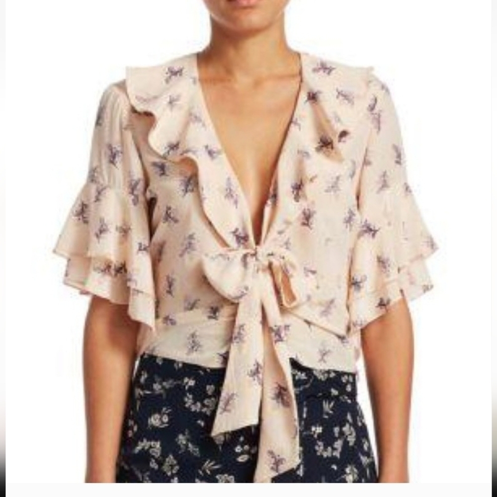 Cinq à Sept Floral Tie-Front Blouse in Cream and Purple
